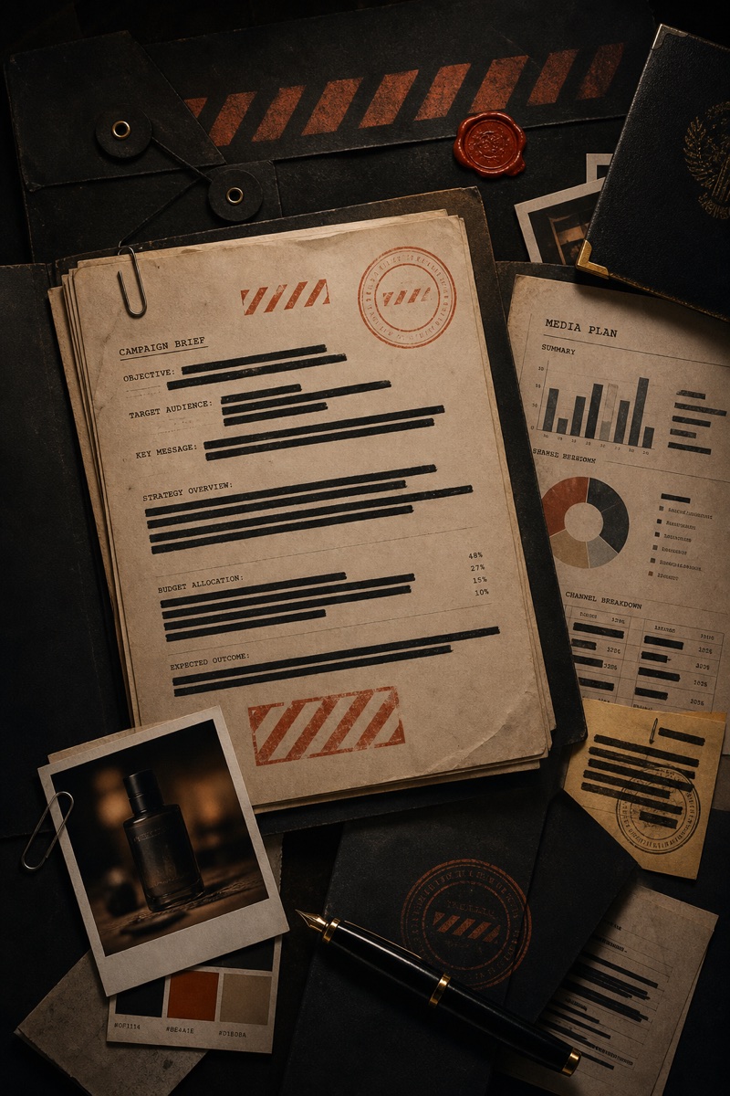 Classified marketing dossier with redacted campaign briefs, stamps, and agency files - the work other SRED firms never open